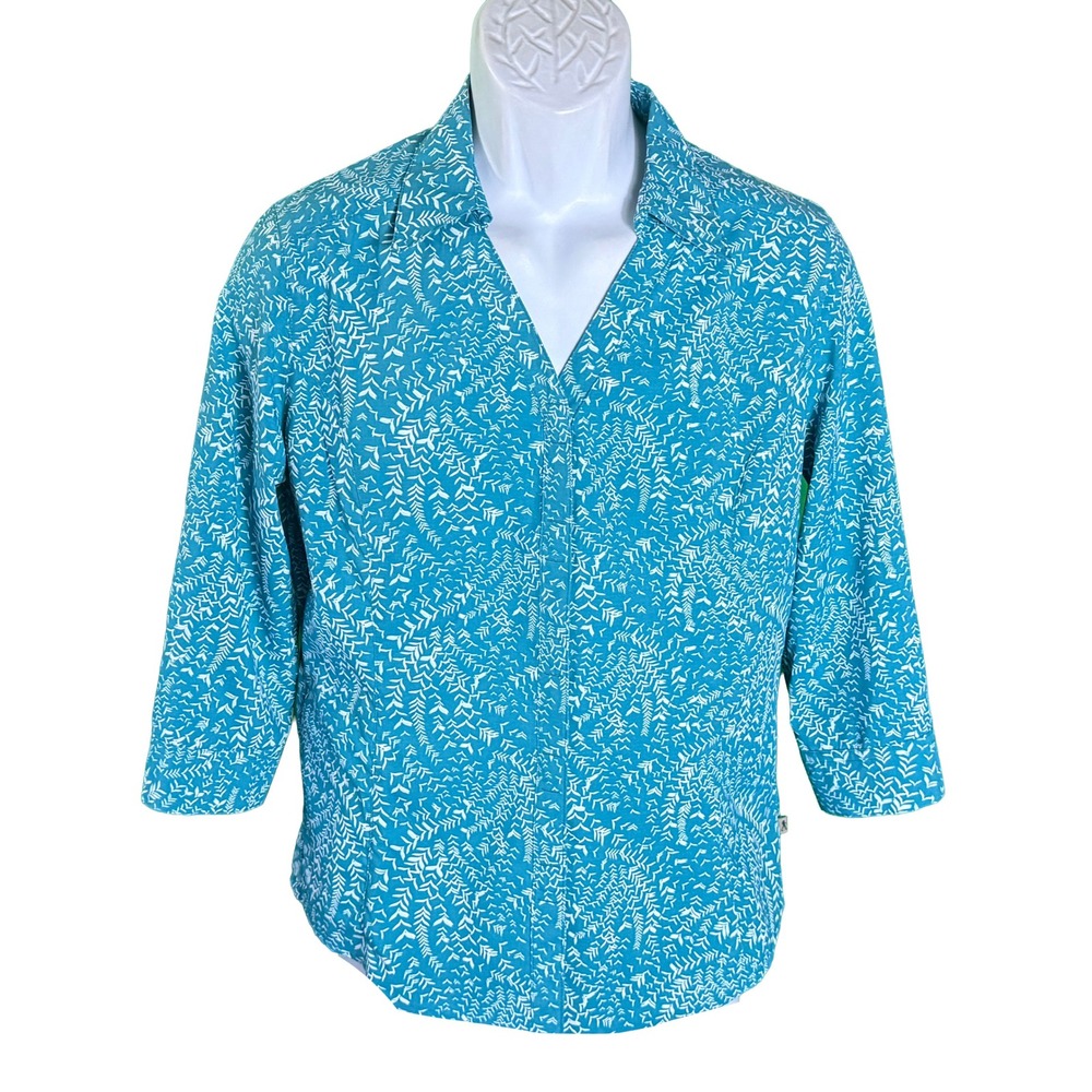 Royal Robbins Button Up Shirt Womens S Teal Blue Print 3/4 Sleeve Outdoor Hiking
